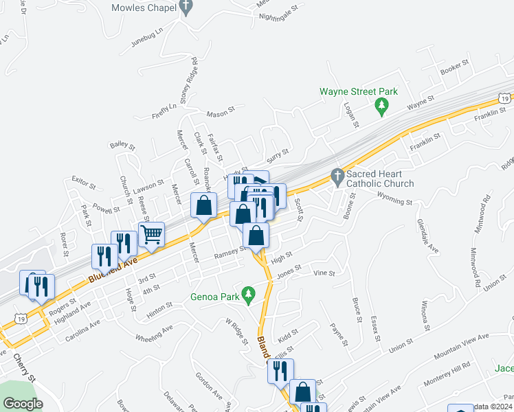 map of restaurants, bars, coffee shops, grocery stores, and more near 500 Princeton Avenue in Bluefield