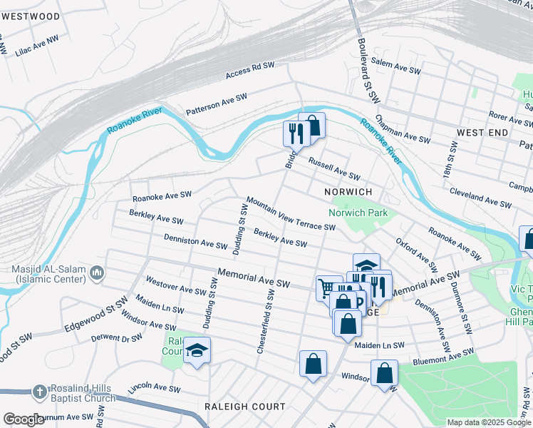 map of restaurants, bars, coffee shops, grocery stores, and more near 2232 Mountain View Terrace Southwest in Roanoke