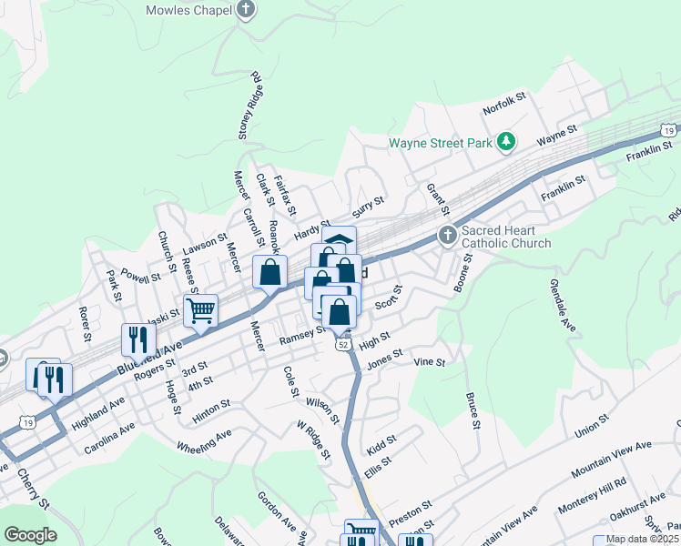 map of restaurants, bars, coffee shops, grocery stores, and more near in Bluefield