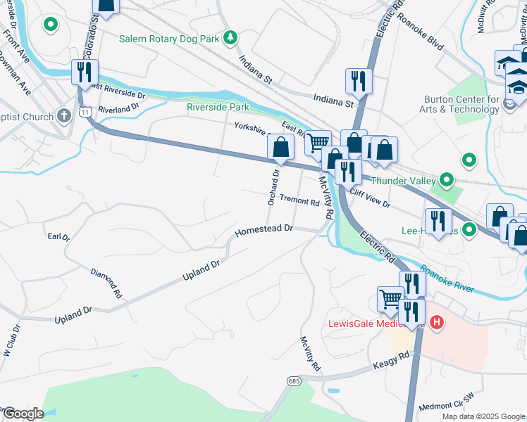 map of restaurants, bars, coffee shops, grocery stores, and more near 1723 Orchard Drive in Salem