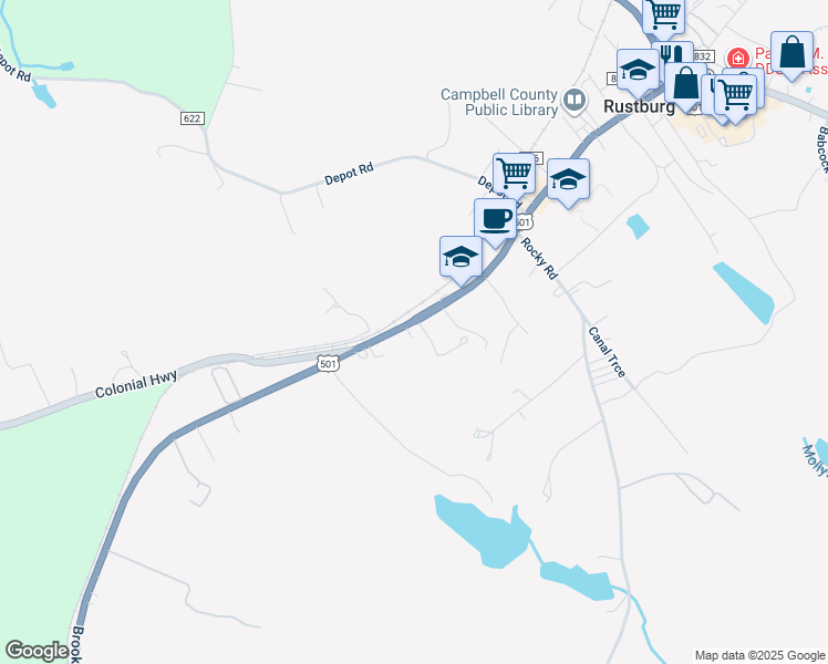 map of restaurants, bars, coffee shops, grocery stores, and more near 123 Village Highway in Rustburg