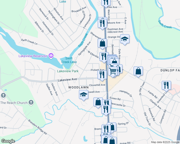 map of restaurants, bars, coffee shops, grocery stores, and more near 307 Pickett Avenue in Colonial Heights