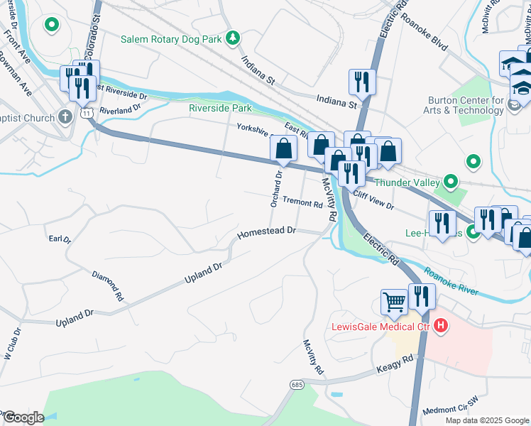 map of restaurants, bars, coffee shops, grocery stores, and more near 1723 Orchard Drive in Salem