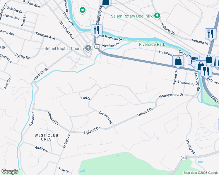 map of restaurants, bars, coffee shops, grocery stores, and more near 538 Diamond Road in Salem