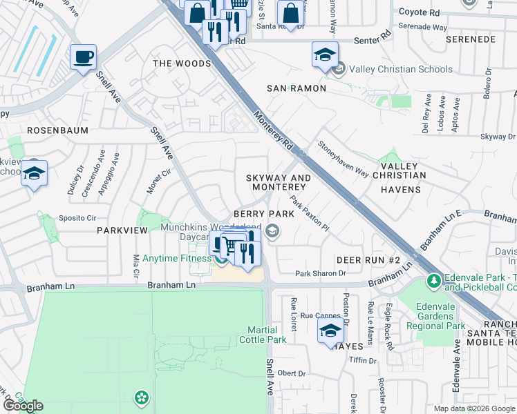 map of restaurants, bars, coffee shops, grocery stores, and more near 4448 Pitch Pine Court in San Jose