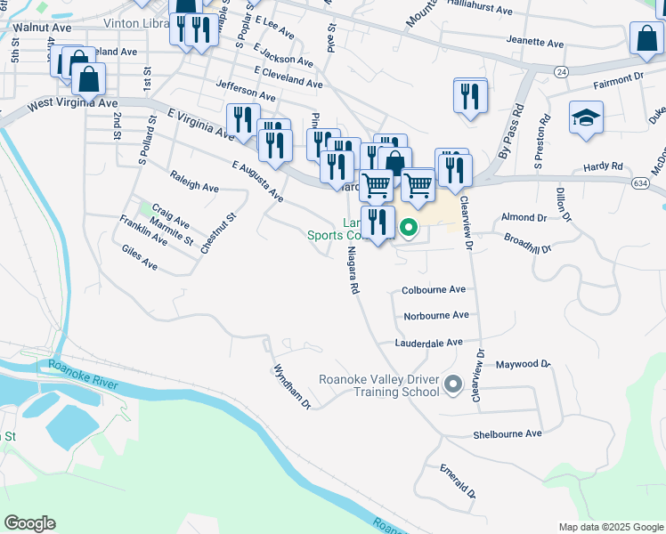 map of restaurants, bars, coffee shops, grocery stores, and more near 667 Timberidge Road in Vinton