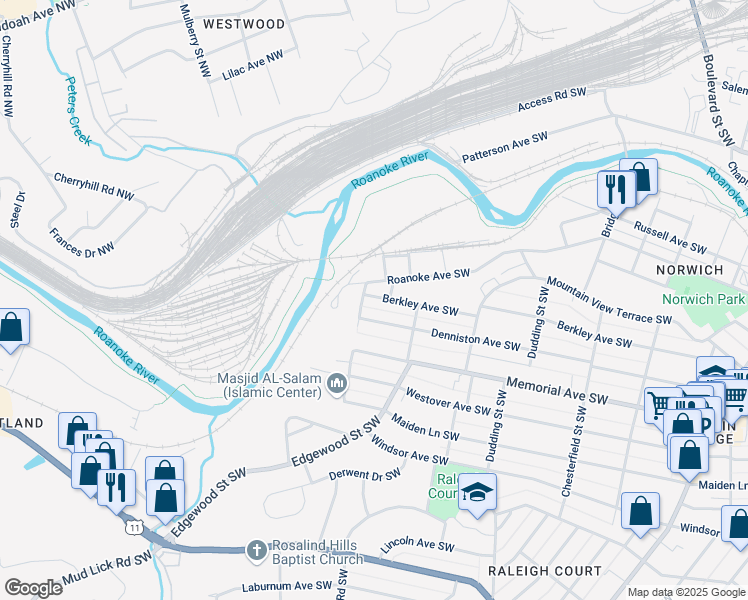 map of restaurants, bars, coffee shops, grocery stores, and more near 2542 Berkley Avenue Southwest in Roanoke