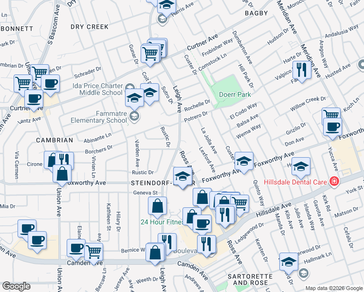 map of restaurants, bars, coffee shops, grocery stores, and more near 2848 Ross Avenue in San Jose