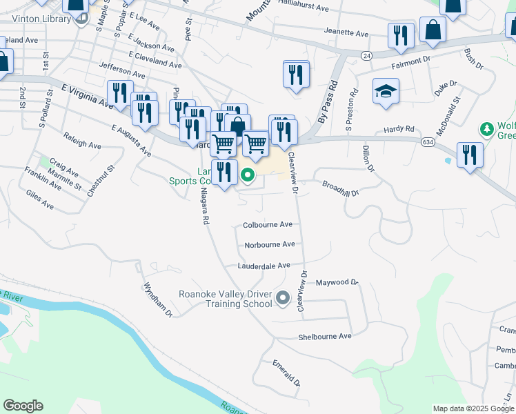 map of restaurants, bars, coffee shops, grocery stores, and more near 1150 Vinyard Road in Vinton