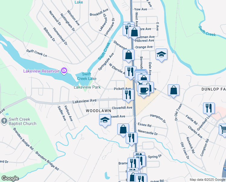 map of restaurants, bars, coffee shops, grocery stores, and more near 307 Pickett Avenue in Colonial Heights