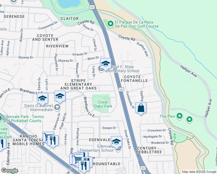 map of restaurants, bars, coffee shops, grocery stores, and more near 5000 Lyng Drive in San Jose