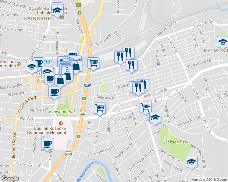map of restaurants, bars, coffee shops, grocery stores, and more near 617 Stewart Avenue Southeast in Roanoke