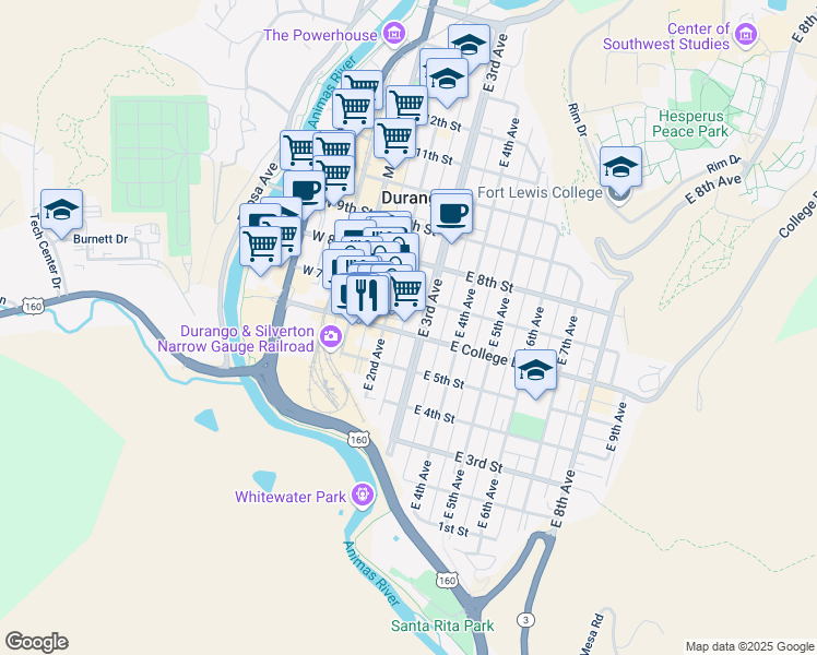 map of restaurants, bars, coffee shops, grocery stores, and more near 640 East 2nd Avenue in Durango