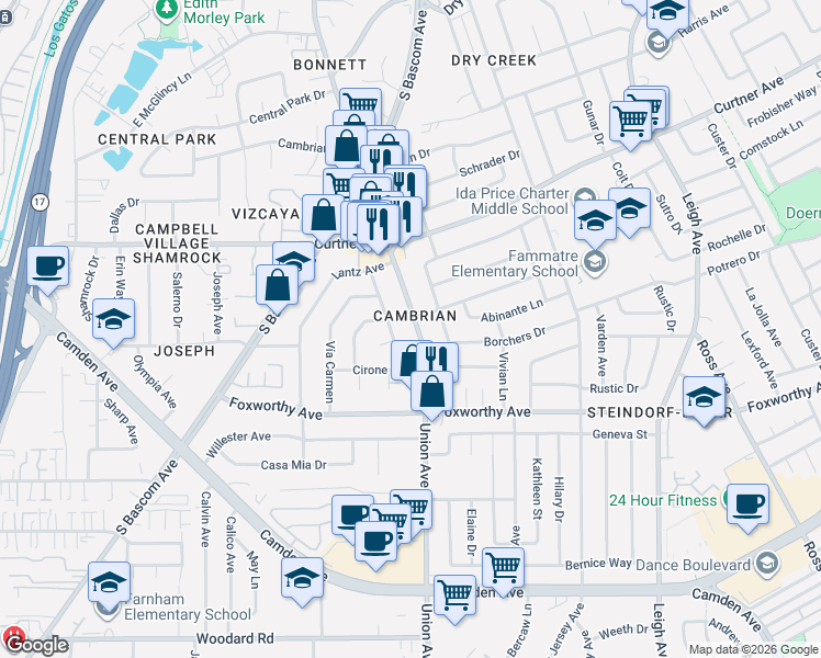 map of restaurants, bars, coffee shops, grocery stores, and more near in San Jose