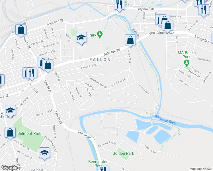 map of restaurants, bars, coffee shops, grocery stores, and more near 1822 Greenbrier Avenue Southeast in Roanoke