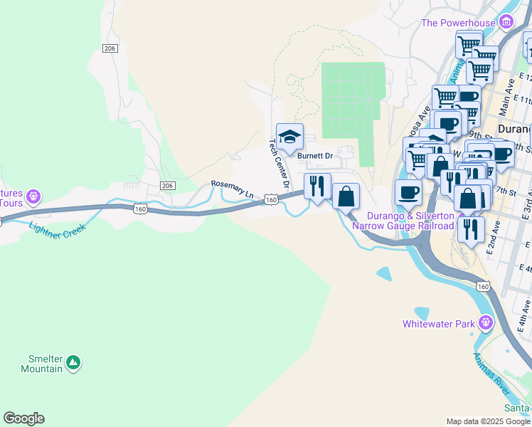 map of restaurants, bars, coffee shops, grocery stores, and more near 21382 U.S. 160 in Durango