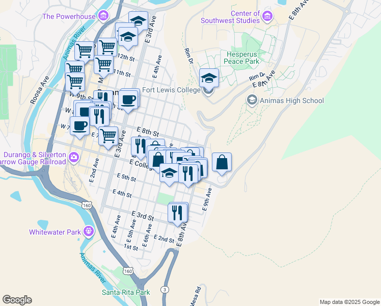 map of restaurants, bars, coffee shops, grocery stores, and more near 700-722 East 8th Street in Durango