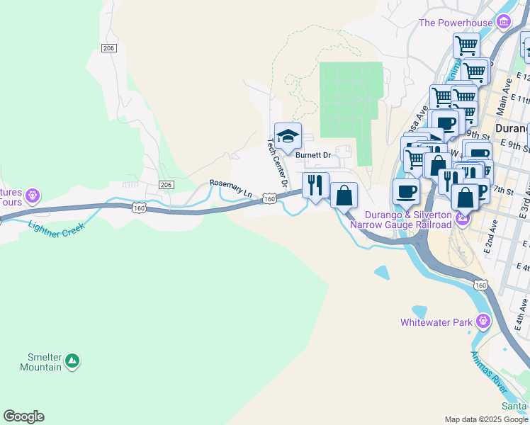 map of restaurants, bars, coffee shops, grocery stores, and more near 21382 U.S. 160 in Durango