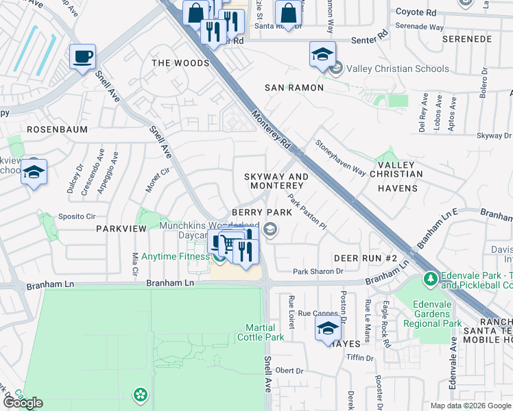 map of restaurants, bars, coffee shops, grocery stores, and more near 4448 Pitch Pine Court in San Jose