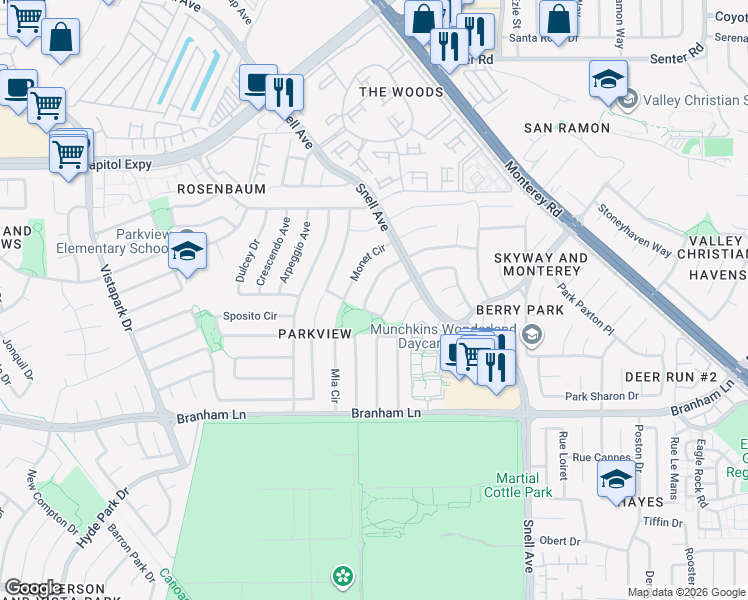 map of restaurants, bars, coffee shops, grocery stores, and more near 4274 Sayoko Circle in San Jose