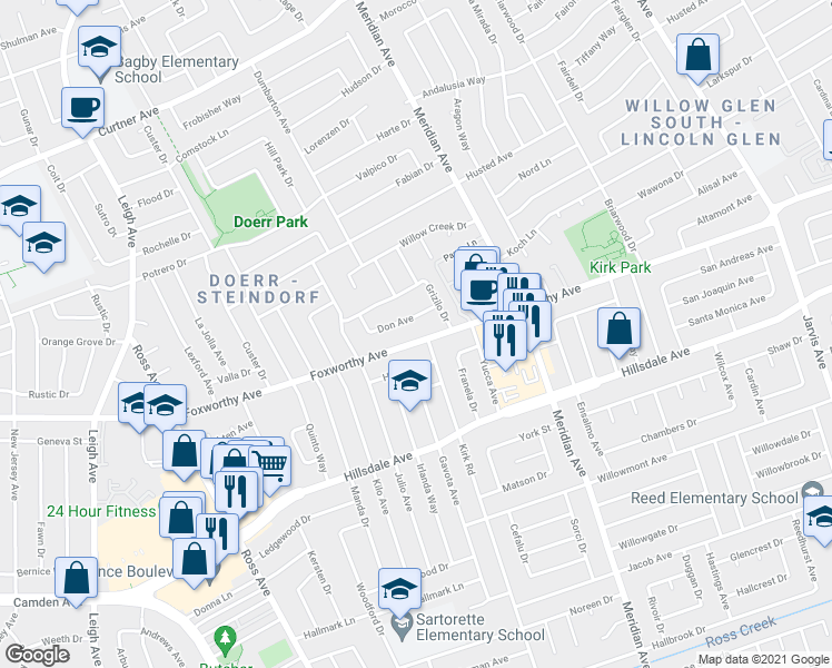 map of restaurants, bars, coffee shops, grocery stores, and more near 1684 Don Avenue in San Jose