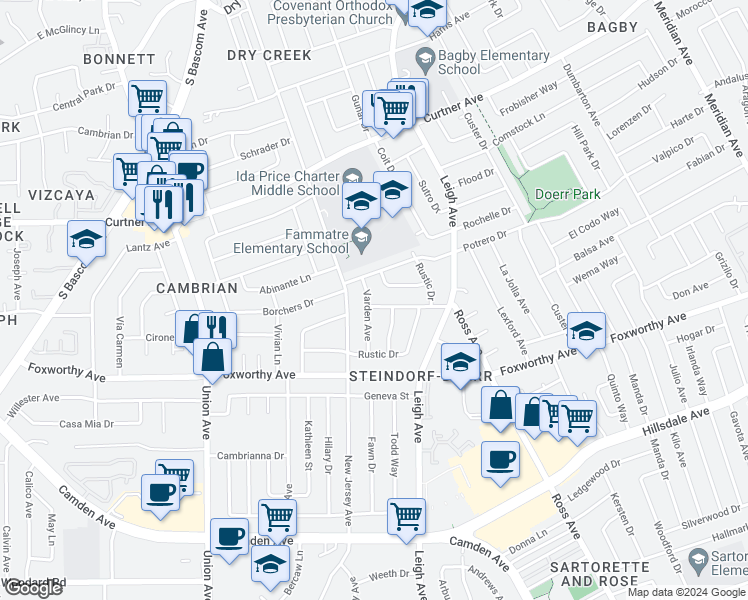 map of restaurants, bars, coffee shops, grocery stores, and more near 2818 Varden Avenue in San Jose