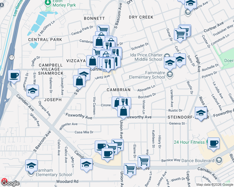 map of restaurants, bars, coffee shops, grocery stores, and more near in San Jose