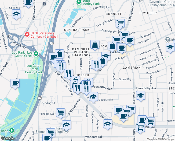 map of restaurants, bars, coffee shops, grocery stores, and more near 2842 Joseph Avenue in Campbell