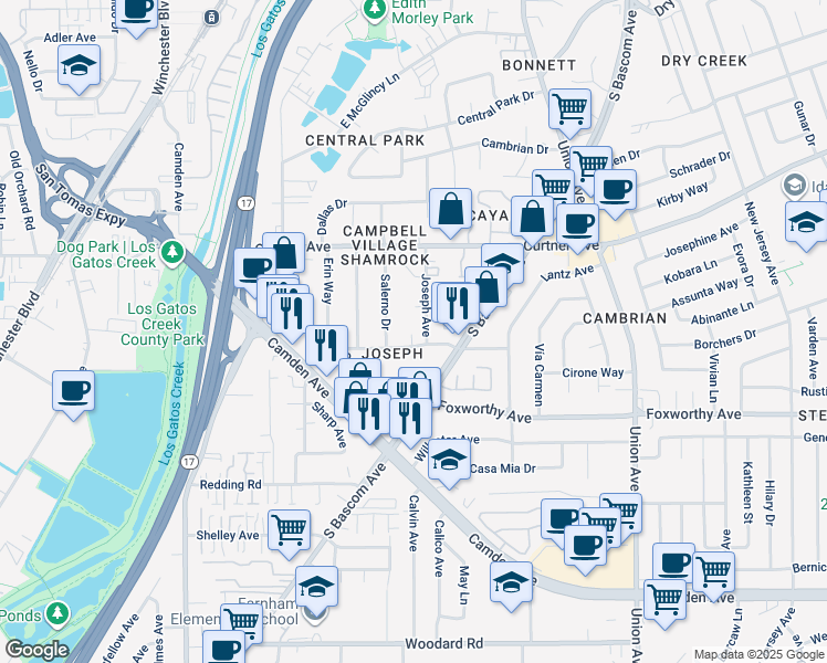 map of restaurants, bars, coffee shops, grocery stores, and more near 2842 Joseph Avenue in Campbell
