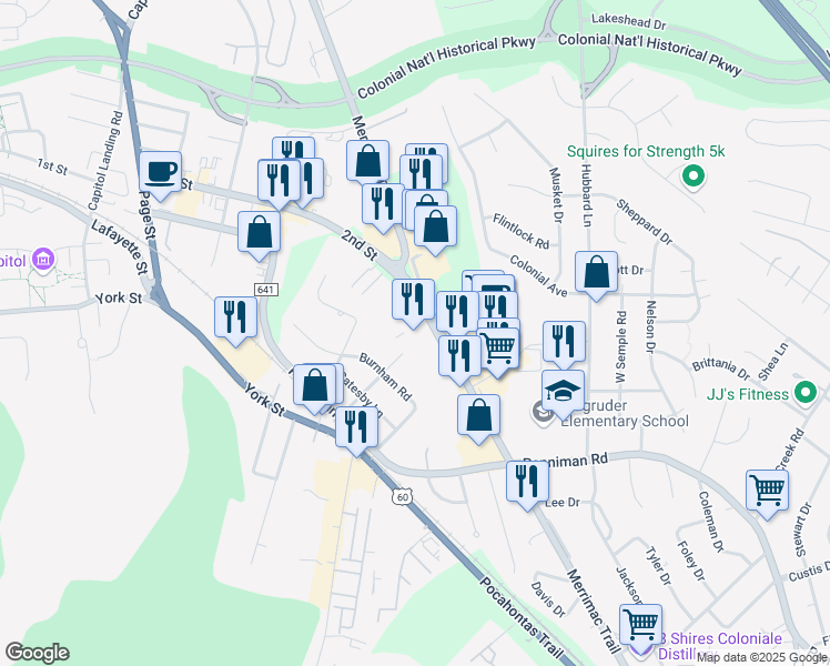 map of restaurants, bars, coffee shops, grocery stores, and more near 536-568 Merrimac Trail in Williamsburg