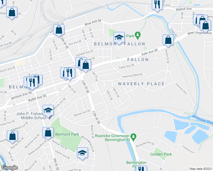 map of restaurants, bars, coffee shops, grocery stores, and more near 1418 Kenwood Boulevard Southeast in Roanoke