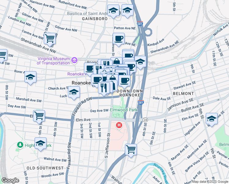 map of restaurants, bars, coffee shops, grocery stores, and more near in Roanoke