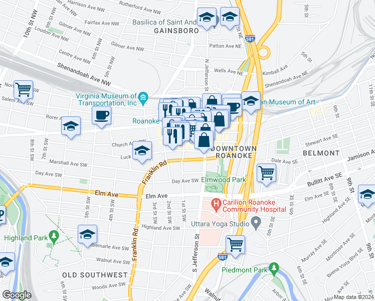 map of restaurants, bars, coffee shops, grocery stores, and more near in Roanoke