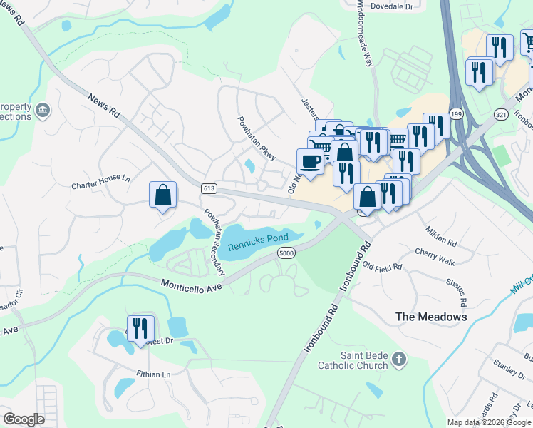 map of restaurants, bars, coffee shops, grocery stores, and more near 4416 Chickasaw Court in Williamsburg