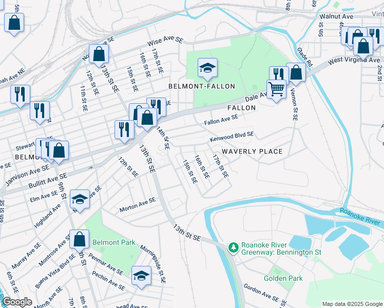 map of restaurants, bars, coffee shops, grocery stores, and more near 1015 16th Street Southeast in Roanoke