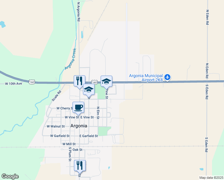 map of restaurants, bars, coffee shops, grocery stores, and more near 504 North Pine Street in Argonia