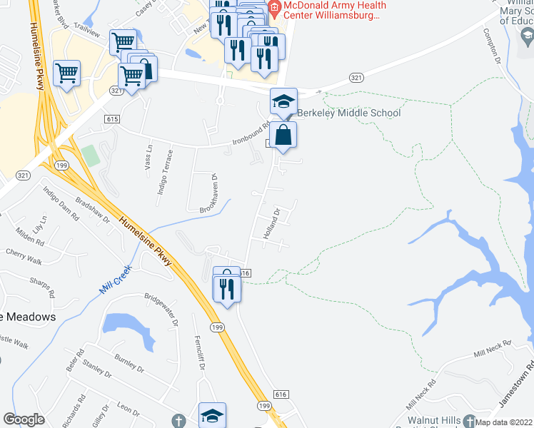 map of restaurants, bars, coffee shops, grocery stores, and more near 105 Watson Drive in Williamsburg