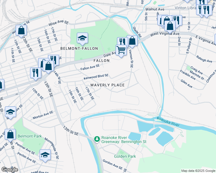 map of restaurants, bars, coffee shops, grocery stores, and more near 1822 Greenbrier Avenue Southeast in Roanoke