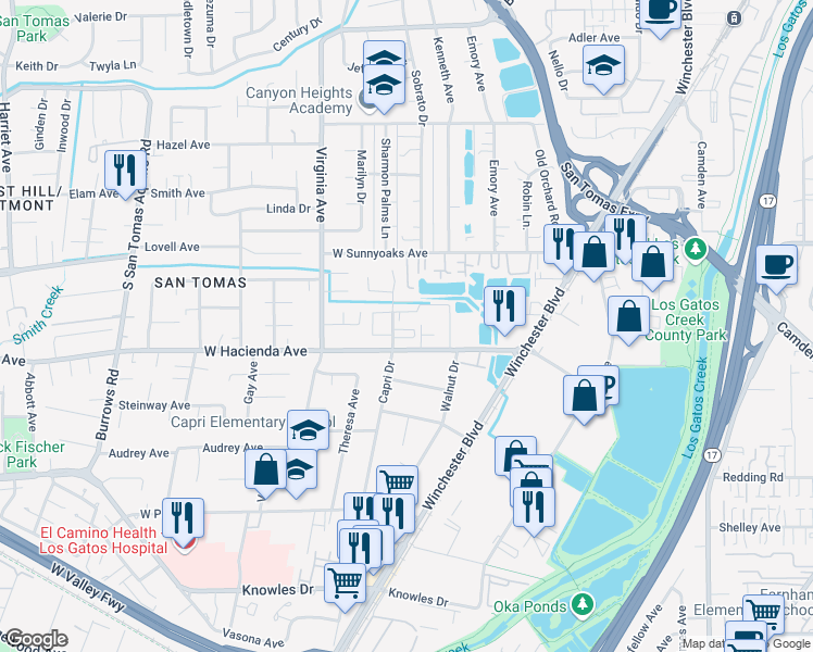 map of restaurants, bars, coffee shops, grocery stores, and more near 1150 Capri Drive in Campbell