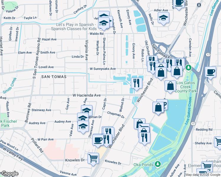 map of restaurants, bars, coffee shops, grocery stores, and more near 1152 Capri Drive in Campbell