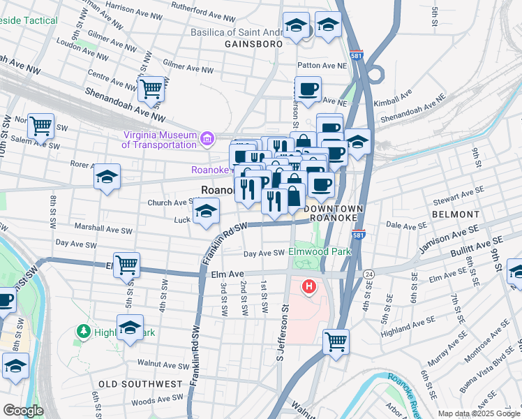 map of restaurants, bars, coffee shops, grocery stores, and more near 409 1st Street Southwest in Roanoke
