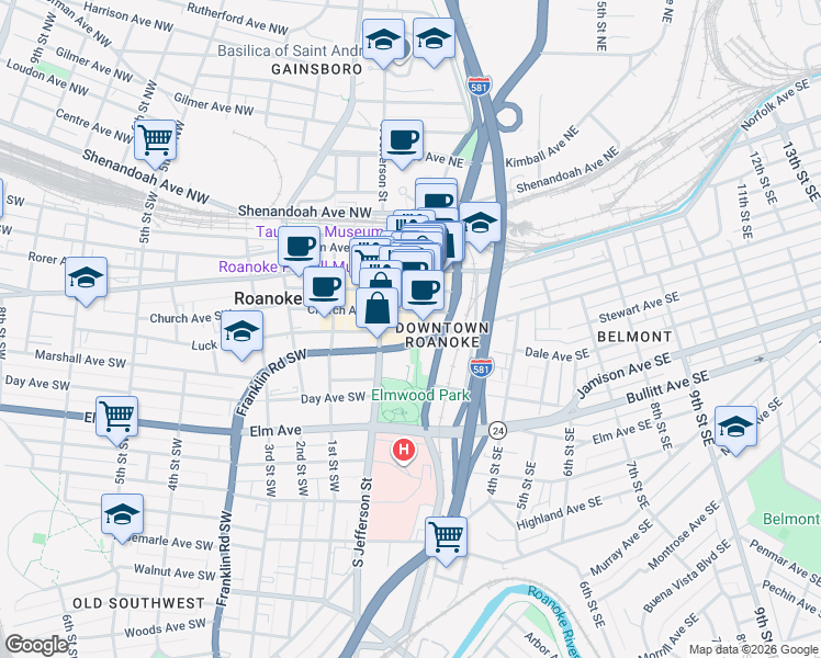 map of restaurants, bars, coffee shops, grocery stores, and more near in Roanoke