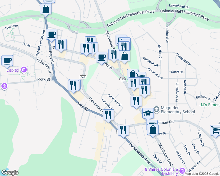 map of restaurants, bars, coffee shops, grocery stores, and more near 484 Catesby Lane in Williamsburg