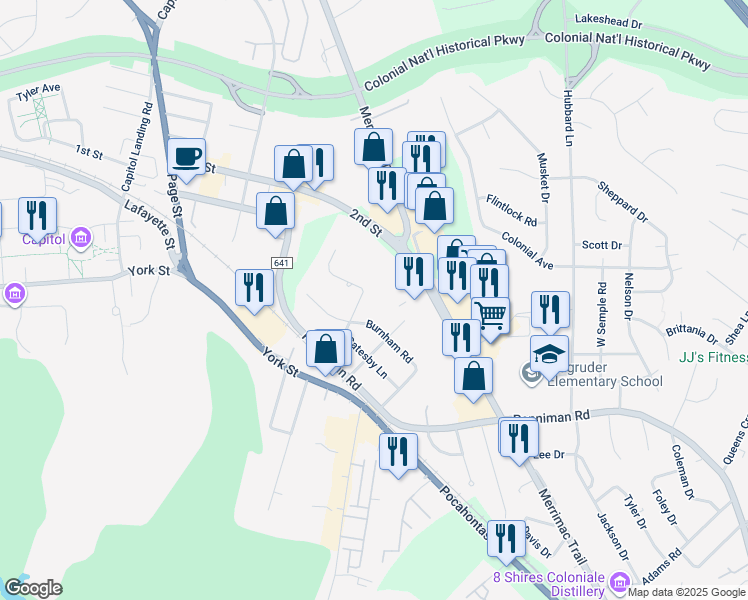 map of restaurants, bars, coffee shops, grocery stores, and more near 484 Catesby Lane in Williamsburg