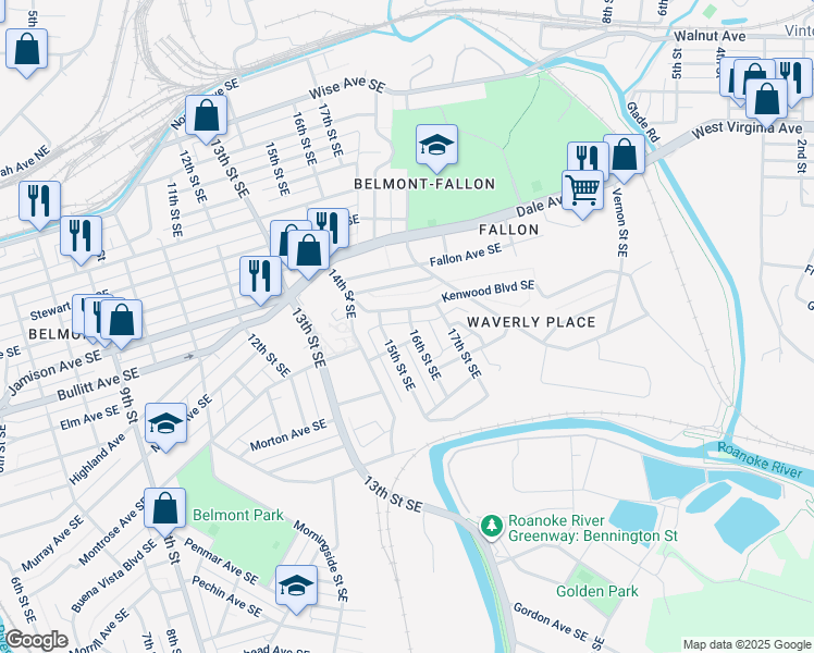 map of restaurants, bars, coffee shops, grocery stores, and more near 1015 16th Street Southeast in Roanoke