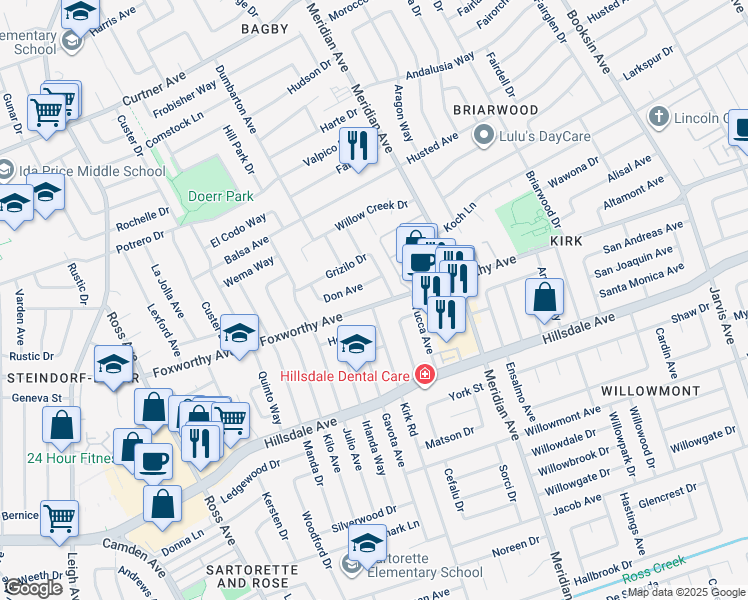 map of restaurants, bars, coffee shops, grocery stores, and more near 1699 Foxworthy Avenue in San Jose