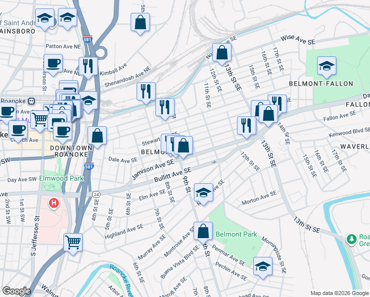 map of restaurants, bars, coffee shops, grocery stores, and more near 414 9th Street Southeast in Roanoke