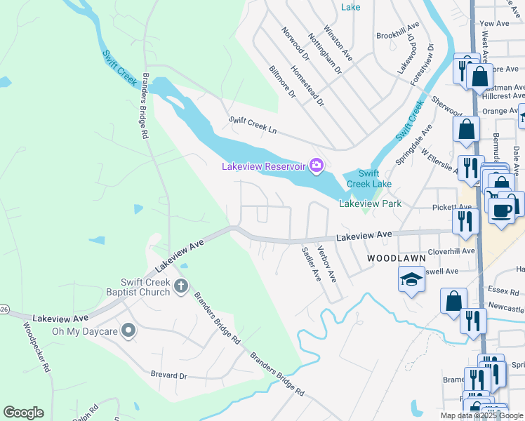 map of restaurants, bars, coffee shops, grocery stores, and more near 141 Lakeview Park Road in Colonial Heights