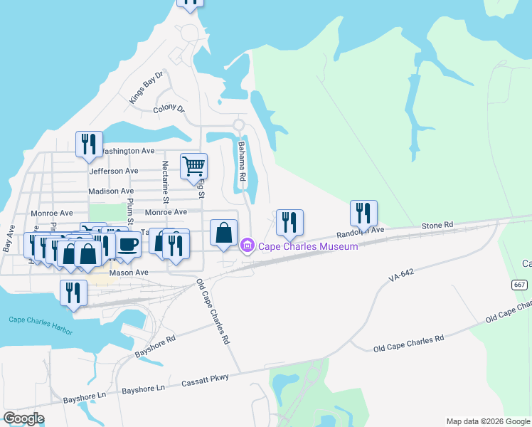 map of restaurants, bars, coffee shops, grocery stores, and more near 819 Heritage Acres Court in Cape Charles