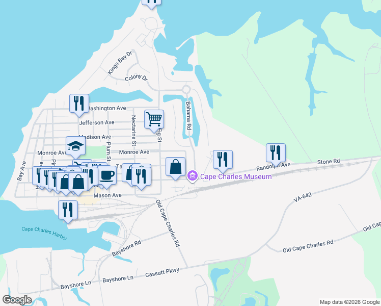 map of restaurants, bars, coffee shops, grocery stores, and more near 819 Heritage Acres Court in Cape Charles